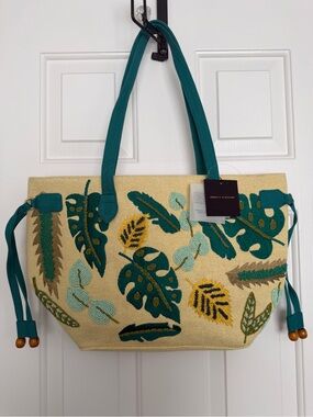 NWT Tropical Leaf Embroidered Tote Bag